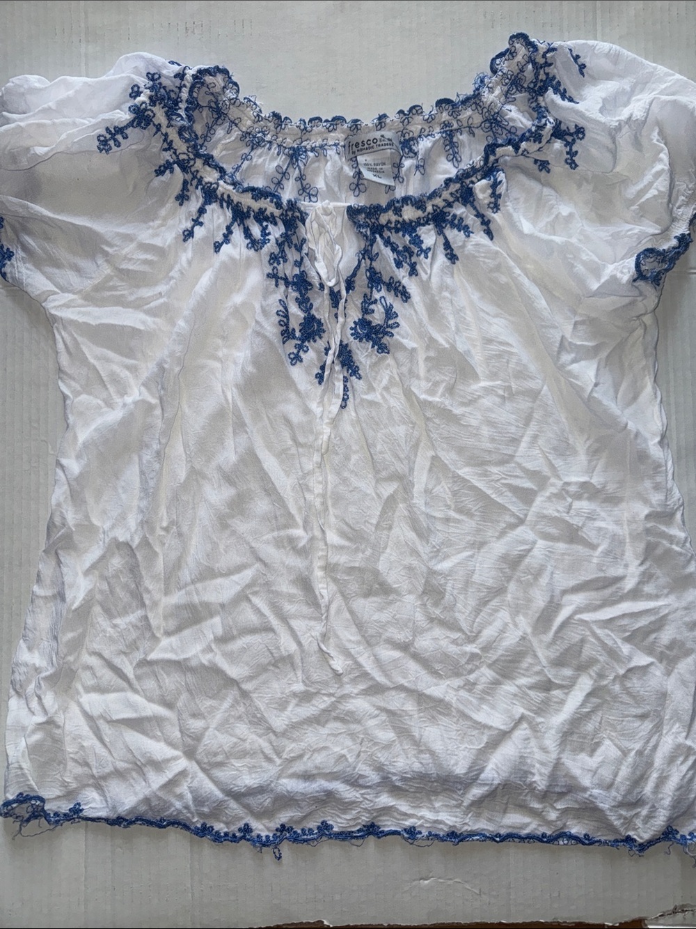 Nomadic Traders White Peasant Blouse with Blue Embroidery